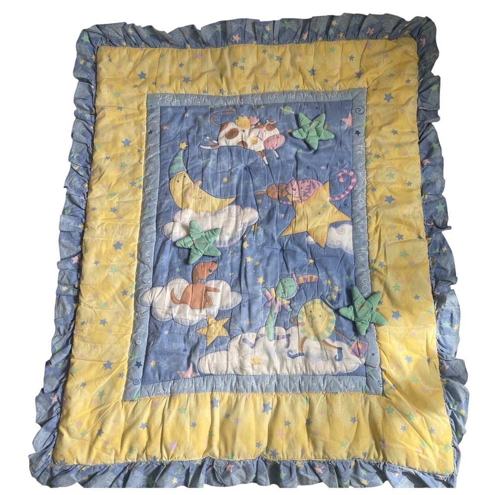 Vtg Hey Diddle Diddle Nursery Rhyme Blanket Ruffled 3D Stars 90s Celestial Moon
